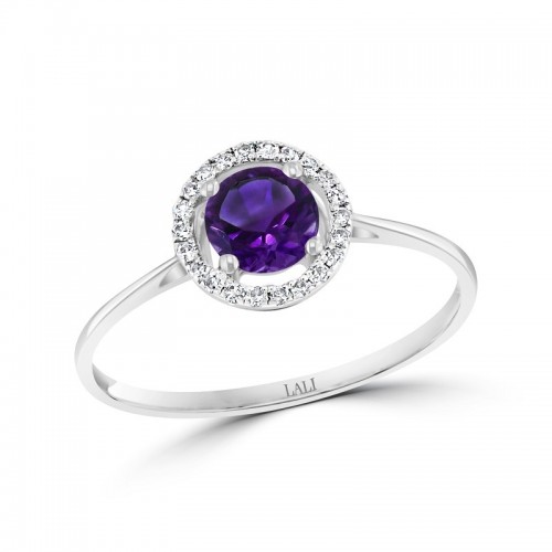 14KW Round Amethyst with Halo Ring