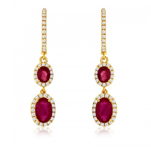 Double Ruby Drop Earrings with Diamonds in 14K Yellow Gold
