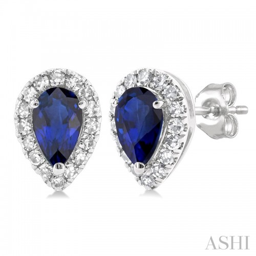 Ashi Pear Shape Sapphire and Diamond Halo Earrings