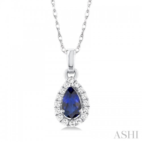 Ashi Pear Shape Sapphire and Diamond Halo Pendant
