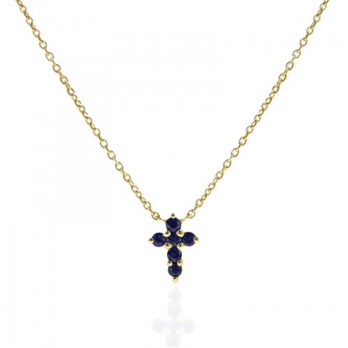 14Y Small Blue Sapphire Cross Necklace