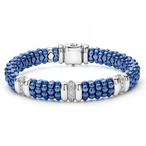 Lagos 9mm Blue Caviar Three Station Ceramic Diamond Bracelet