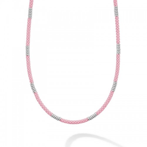 Lagos 3mm Silver Station Pink Ceramic Beaded Necklace