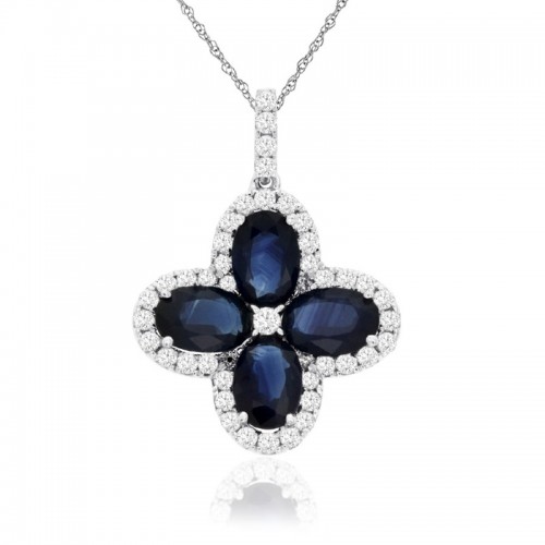 Sapphire and Diamond Clover Pendant in 14K White Gold