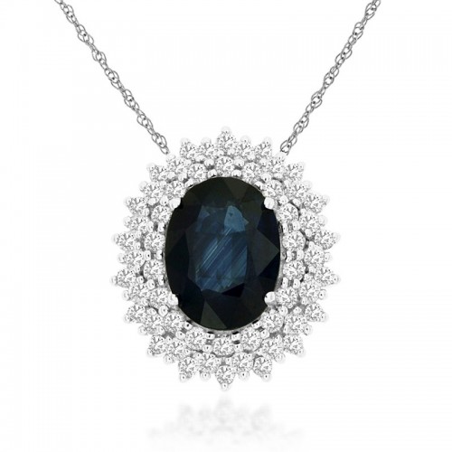 Blue Sapphire Pendant with Double Diamond Halo