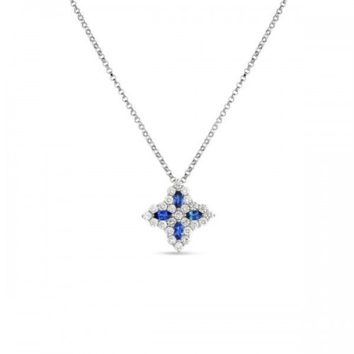 Roberto Coin 18K White Gold Venetian Princess Diamond and Blue Sapphire Medium Flower Necklace