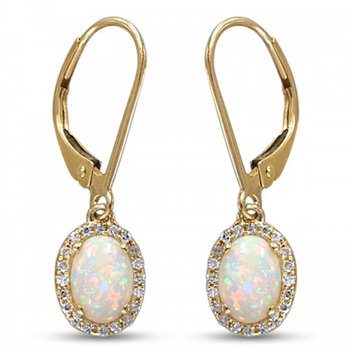 Opal Drop Earrings with Diamond Halo in 14K Yellow Gold